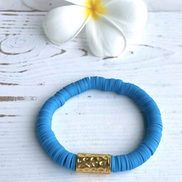 Heishi Bead Bracelet with Gold Tube Accent - Ocean Blue - Picture 3 of 4